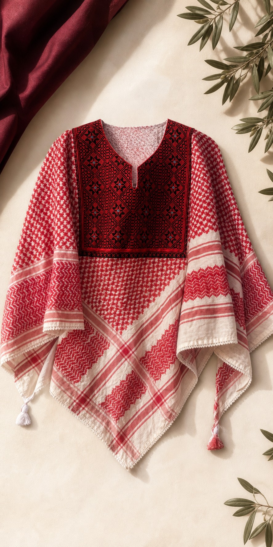 Red embroidered textile and kufiya pattern